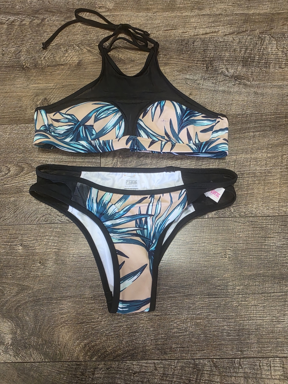 PINK  Women’s Black & Teal Palm High Neck Bikini Set Size Small